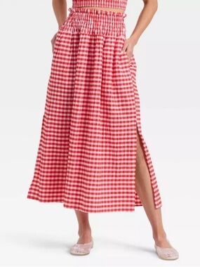 Universal Thread Red Gingham Check Maxi Skirt Side Slits Pockets Smocked Sz XL